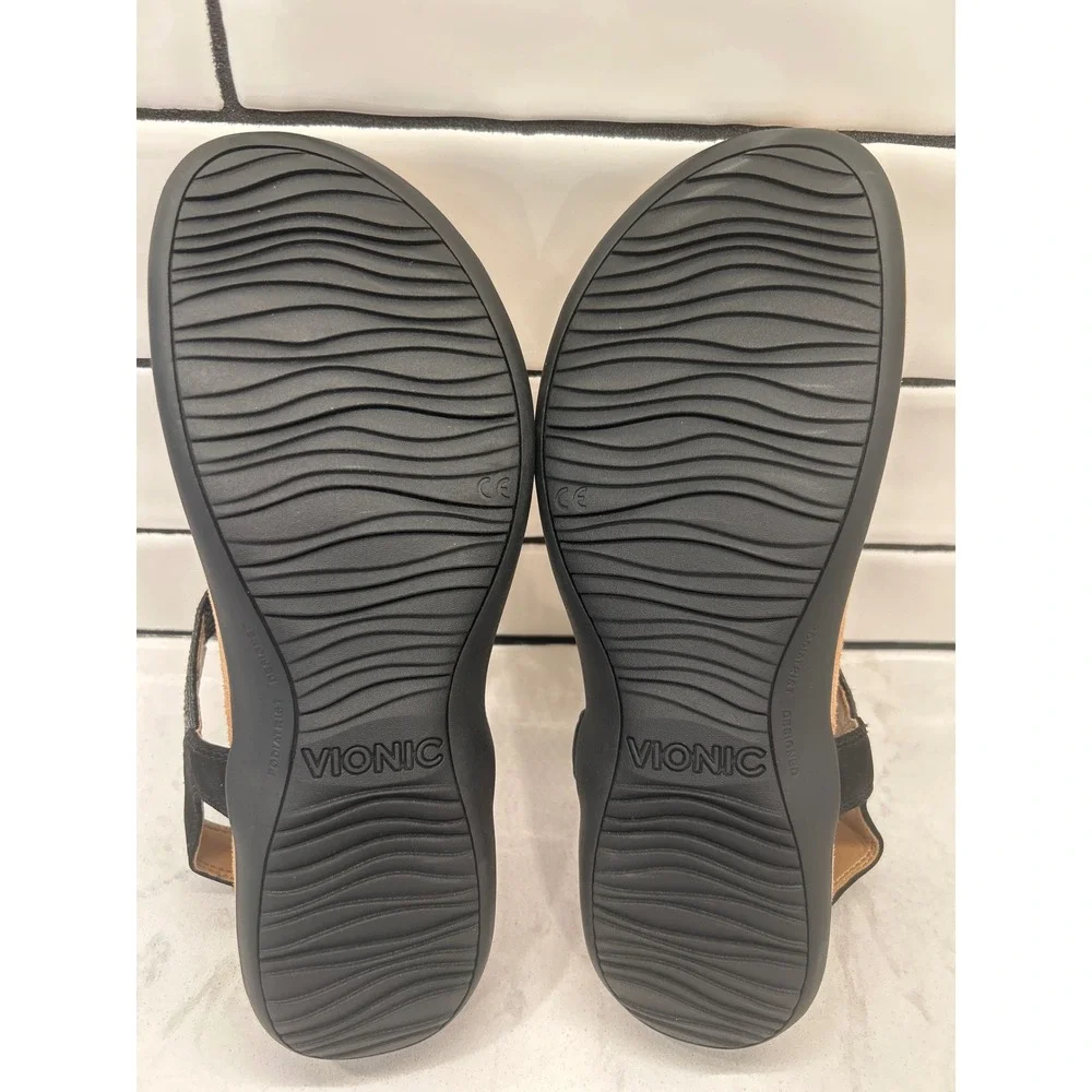 Vionic Brea Sandals Women 7.5 Black Comfortable Orthotic T-Strap Slingback